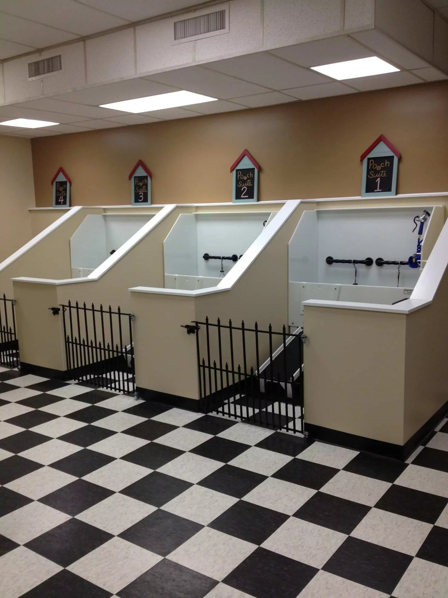 Four dog grooming suites in a row