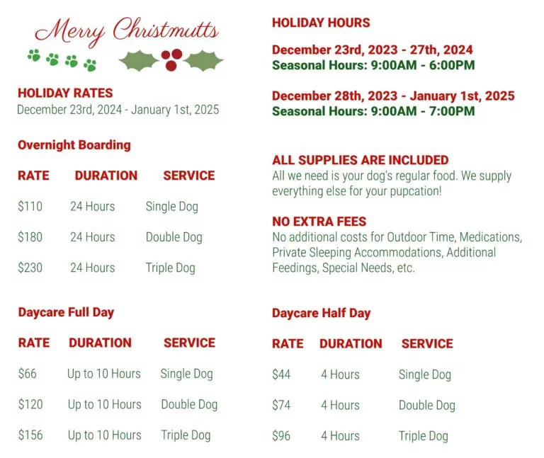 Dog boarding and daycare holiday rates and details.