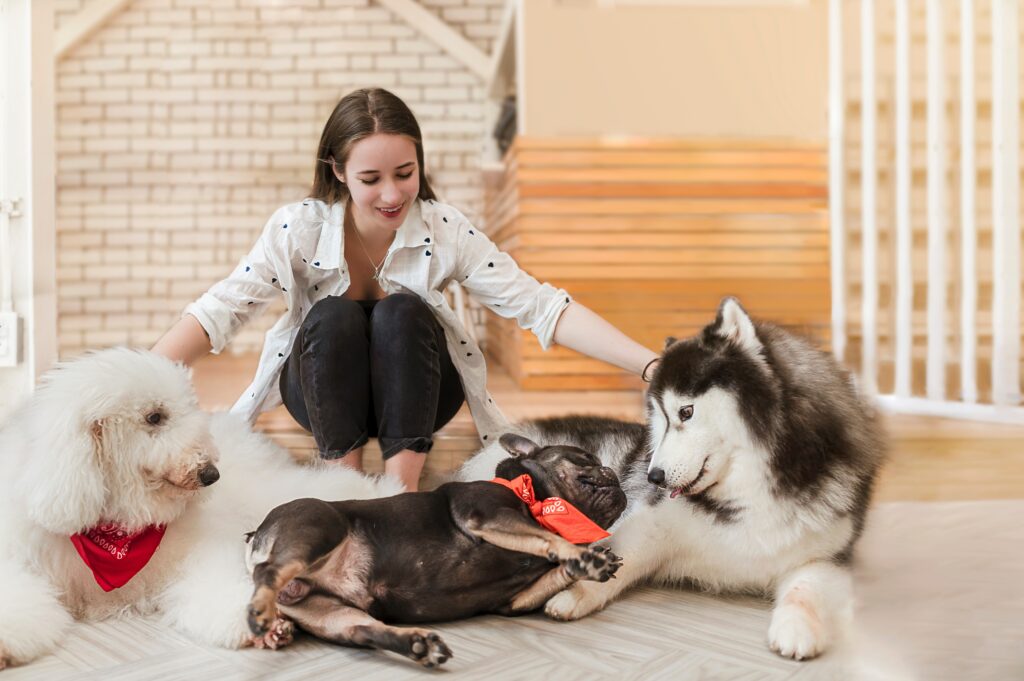 staff with three dogs in climate controlled facility.